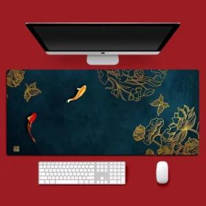 Tapis de bureau japonais vert et or tapis de souris Koi poisson soleil nuage japon Art sceau lever du soleil coucher de soleil sombre grand tapis de souris XXL tapis de bureau de jeu